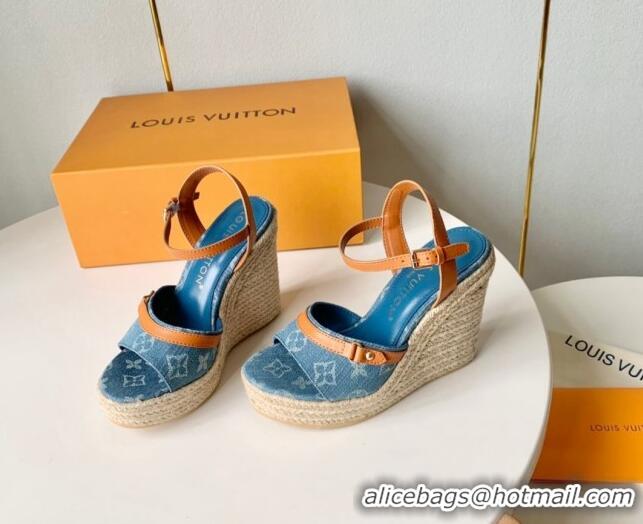 Grade Quality Louis Vuitton Helios Wedge Sandals 12cm in Light Blue Monogram Denim 0320040