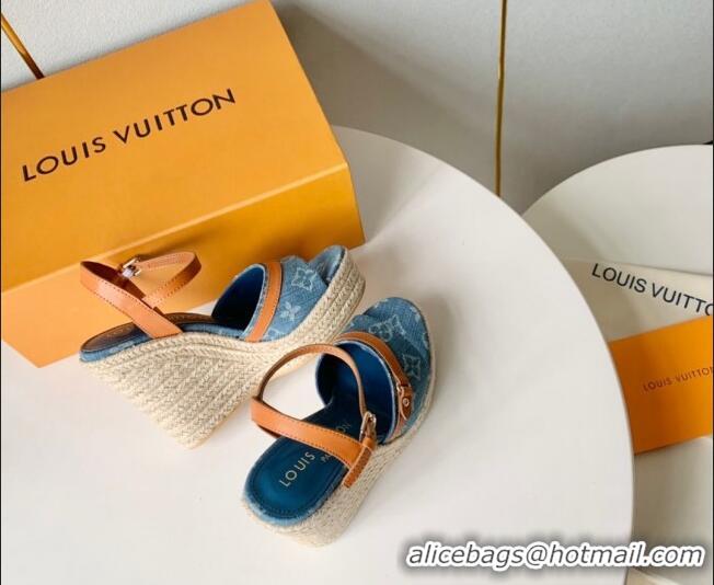 Grade Quality Louis Vuitton Helios Wedge Sandals 12cm in Light Blue Monogram Denim 0320040