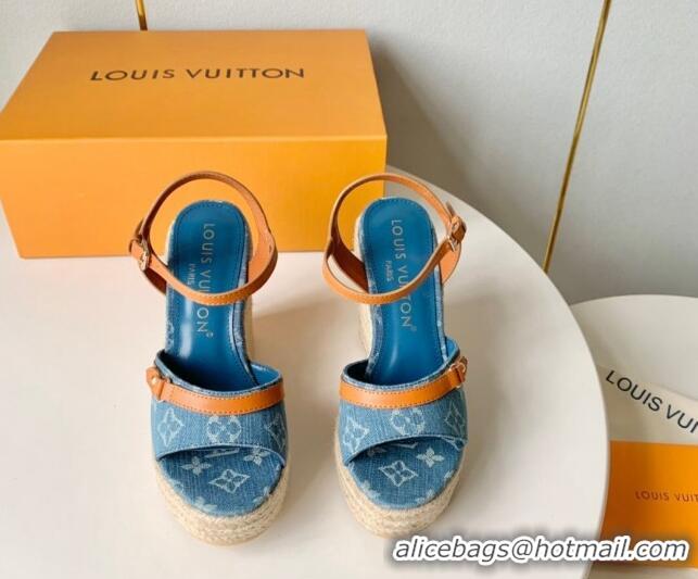 Grade Quality Louis Vuitton Helios Wedge Sandals 12cm in Light Blue Monogram Denim 0320040