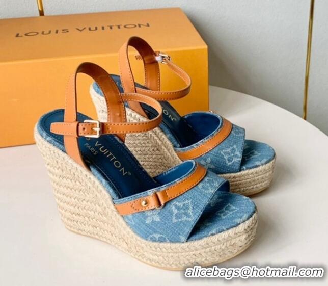 Grade Quality Louis Vuitton Helios Wedge Sandals 12cm in Light Blue Monogram Denim 0320040