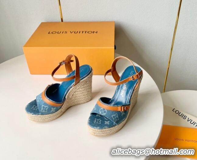 Grade Quality Louis Vuitton Helios Wedge Sandals 12cm in Light Blue Monogram Denim 0320040