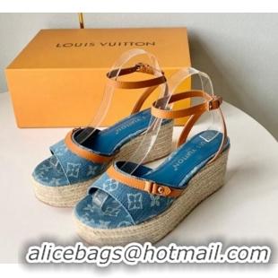 Best Grade Louis Vuitton Helios Wedge Sandals 8cm in Light Blue Monogram Denim 0320041