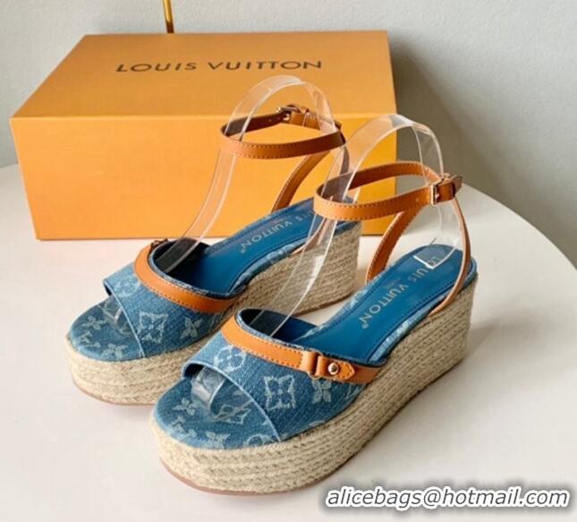 Best Grade Louis Vuitton Helios Wedge Sandals 8cm in Light Blue Monogram Denim 0320041