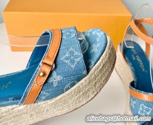 Best Grade Louis Vuitton Helios Wedge Sandals 8cm in Light Blue Monogram Denim 0320041