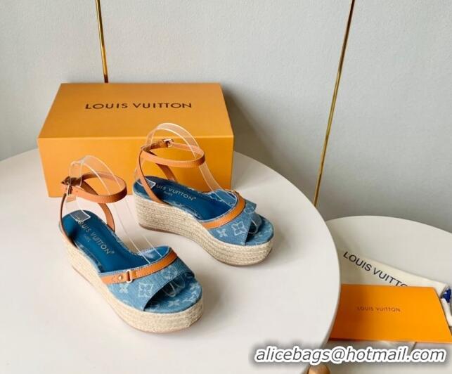 Best Grade Louis Vuitton Helios Wedge Sandals 8cm in Light Blue Monogram Denim 0320041