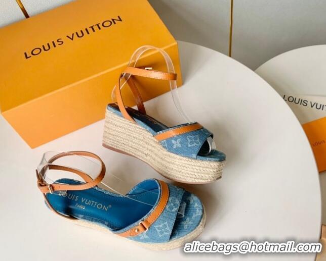 Best Grade Louis Vuitton Helios Wedge Sandals 8cm in Light Blue Monogram Denim 0320041