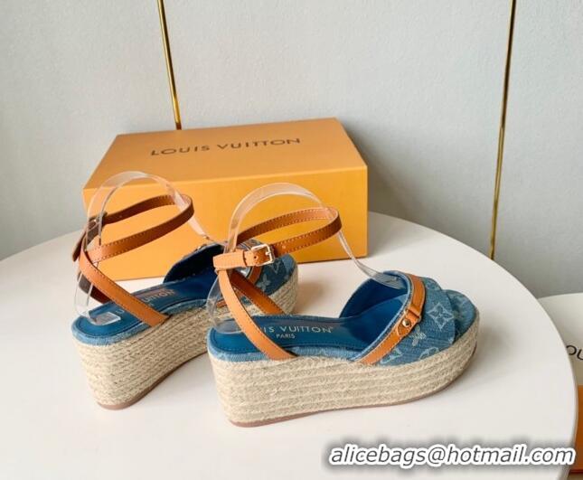 Best Grade Louis Vuitton Helios Wedge Sandals 8cm in Light Blue Monogram Denim 0320041