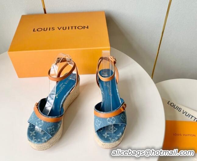 Best Grade Louis Vuitton Helios Wedge Sandals 8cm in Light Blue Monogram Denim 0320041