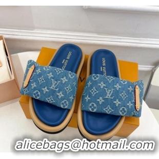 Most Popular Louis Vuitton Pool Pillow Flat Comfort Slide Sandals in Blue Monogram Denim 0320043