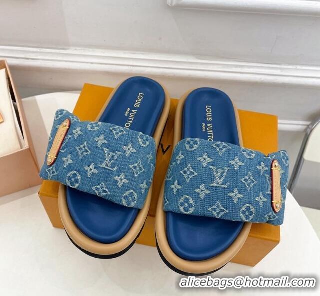 Most Popular Louis Vuitton Pool Pillow Flat Comfort Slide Sandals in Blue Monogram Denim 0320043