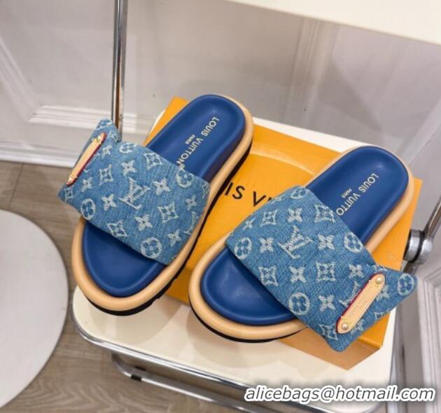 Most Popular Louis Vuitton Pool Pillow Flat Comfort Slide Sandals in Blue Monogram Denim 0320043