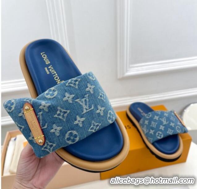 Most Popular Louis Vuitton Pool Pillow Flat Comfort Slide Sandals in Blue Monogram Denim 0320043