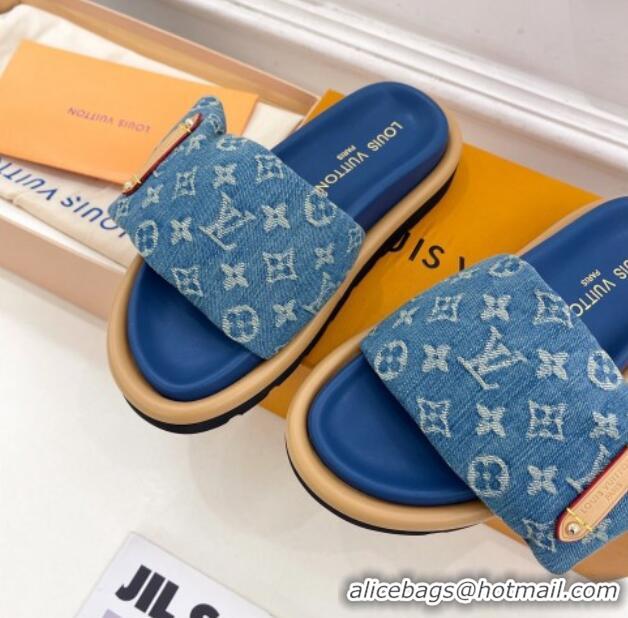 Most Popular Louis Vuitton Pool Pillow Flat Comfort Slide Sandals in Blue Monogram Denim 0320043