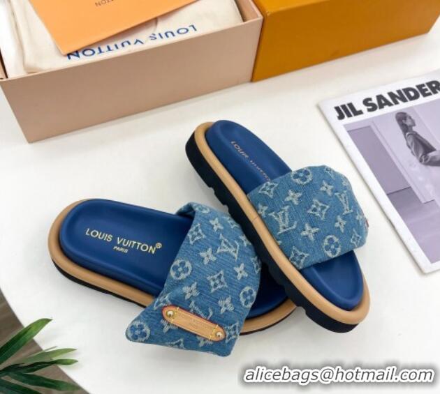 Most Popular Louis Vuitton Pool Pillow Flat Comfort Slide Sandals in Blue Monogram Denim 0320043