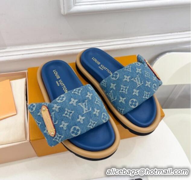 Most Popular Louis Vuitton Pool Pillow Flat Comfort Slide Sandals in Blue Monogram Denim 0320043