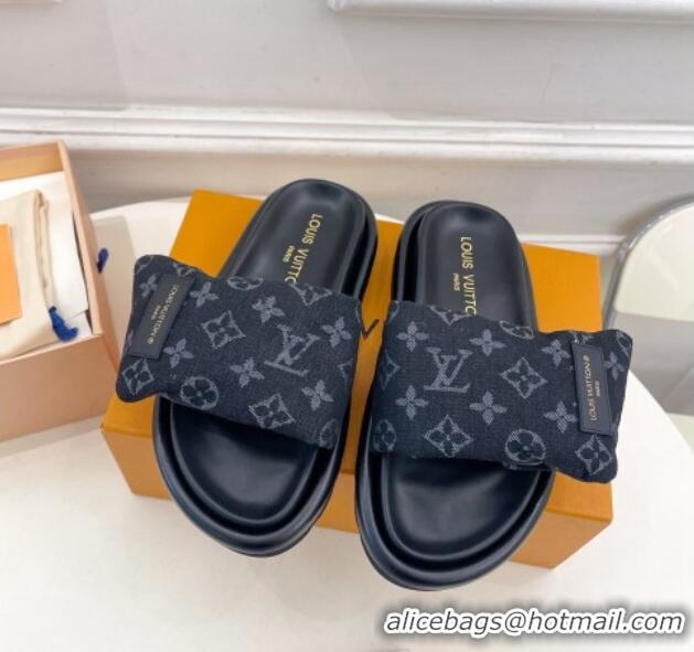 Classic Hot Louis Vuitton Pool Pillow Flat Comfort Slide Sandals in Black Monogram Denim 0320045