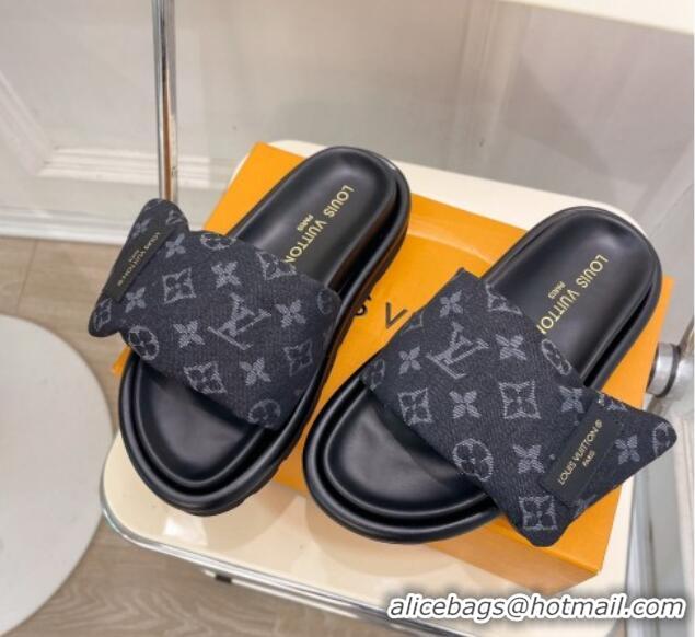 Classic Hot Louis Vuitton Pool Pillow Flat Comfort Slide Sandals in Black Monogram Denim 0320045