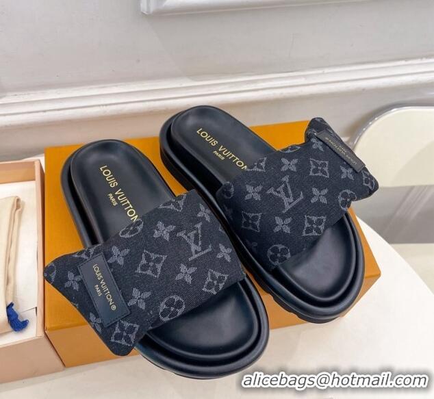 Classic Hot Louis Vuitton Pool Pillow Flat Comfort Slide Sandals in Black Monogram Denim 0320045