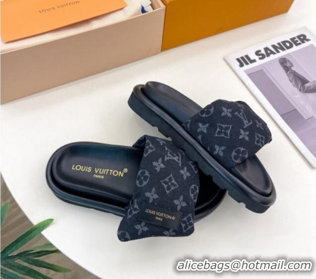 Classic Hot Louis Vuitton Pool Pillow Flat Comfort Slide Sandals in Black Monogram Denim 0320045