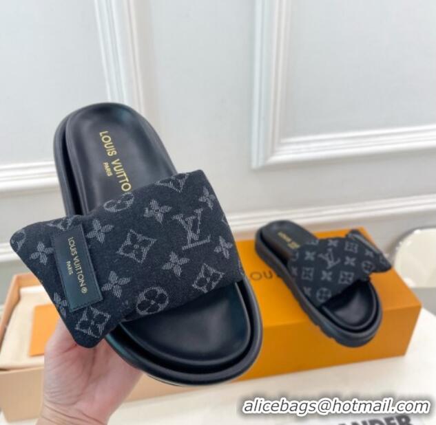 Classic Hot Louis Vuitton Pool Pillow Flat Comfort Slide Sandals in Black Monogram Denim 0320045