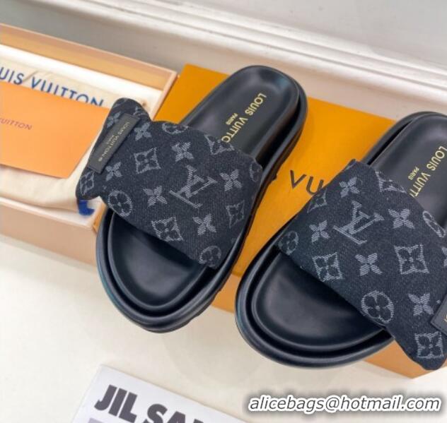 Classic Hot Louis Vuitton Pool Pillow Flat Comfort Slide Sandals in Black Monogram Denim 0320045