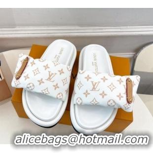 Good Looking Louis Vuitton Pool Pillow Flat Comfort Slide Sandals in Monogram Nylon White 0320044