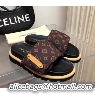 Pretty Style Louis Vuitton Pool Pillow Flat Comfort Slide Sandals in Monogram Nylon Brown 0320046