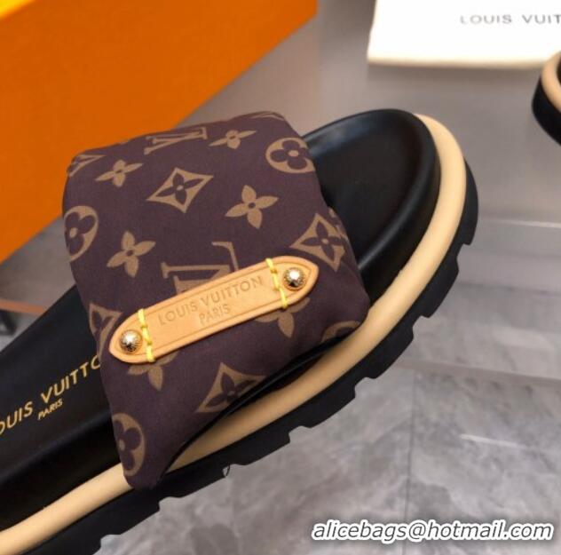 Pretty Style Louis Vuitton Pool Pillow Flat Comfort Slide Sandals in Monogram Nylon Brown 0320046