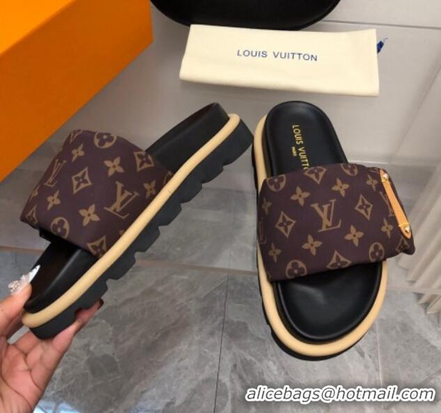 Pretty Style Louis Vuitton Pool Pillow Flat Comfort Slide Sandals in Monogram Nylon Brown 0320046