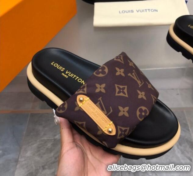 Pretty Style Louis Vuitton Pool Pillow Flat Comfort Slide Sandals in Monogram Nylon Brown 0320046