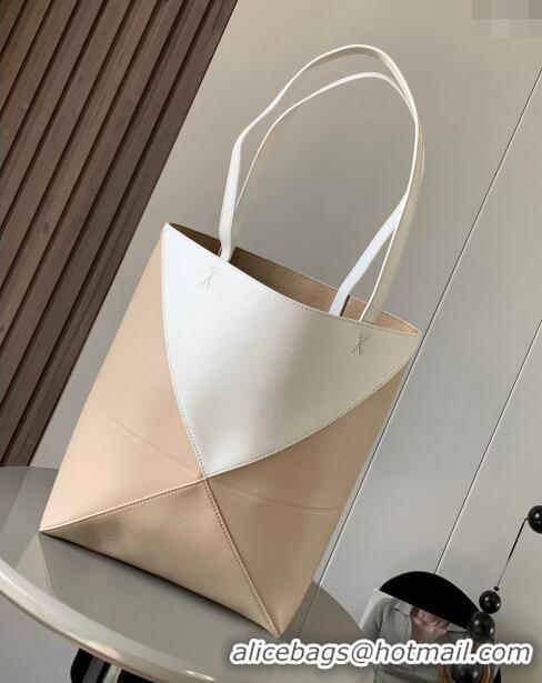 New Fashion Loewe Medium Puzzle Fold Tote in patchwork calfskin L9082 Soft White/Paper Craft Nude 2023