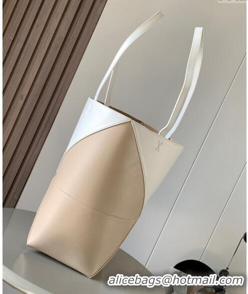 New Fashion Loewe Medium Puzzle Fold Tote in patchwork calfskin L9082 Soft White/Paper Craft Nude 2023