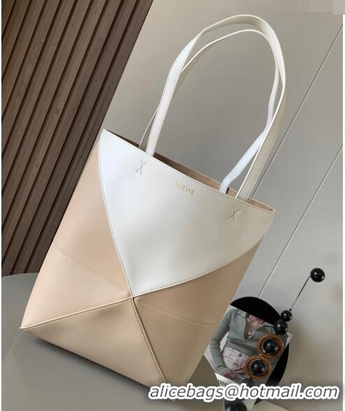 New Fashion Loewe Medium Puzzle Fold Tote in patchwork calfskin L9082 Soft White/Paper Craft Nude 2023