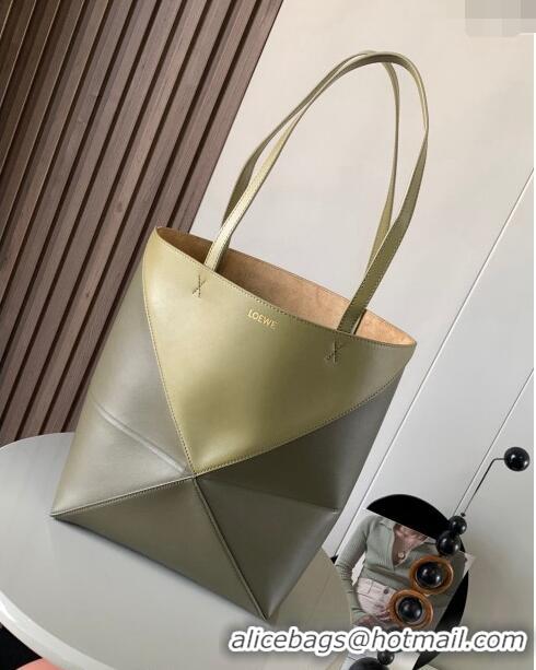 Buy Fashionable Loewe Medium Puzzle Fold Tote in patchwork calfskin L9082 Dark Khaki Green 2023