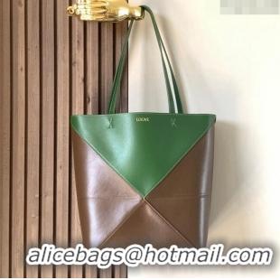 Famous Brand Loewe Medium Puzzle Fold Tote in patchwork calfskin L9082 Hunter Green/Khaki 2023