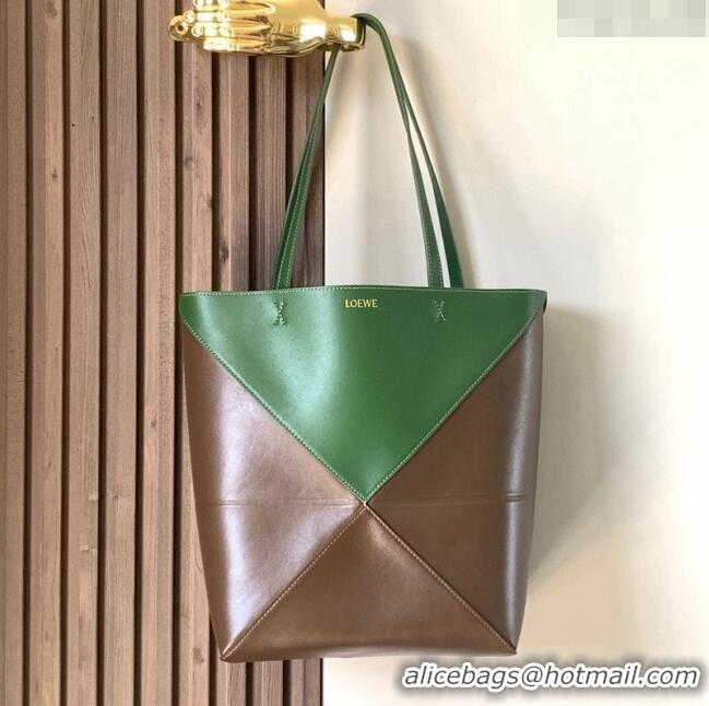 Famous Brand Loewe Medium Puzzle Fold Tote in patchwork calfskin L9082 Hunter Green/Khaki 2023