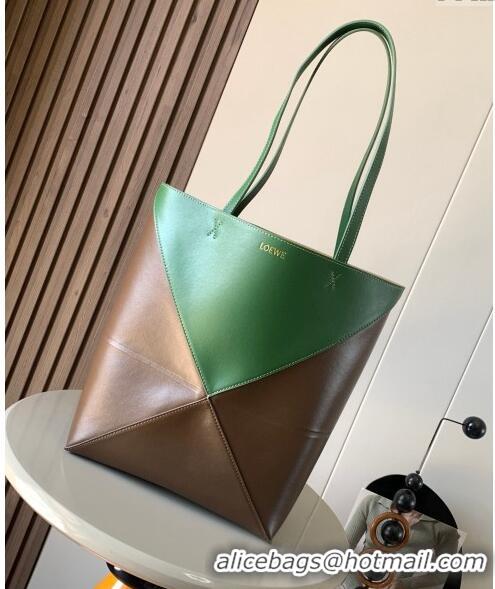 Famous Brand Loewe Medium Puzzle Fold Tote in patchwork calfskin L9082 Hunter Green/Khaki 2023