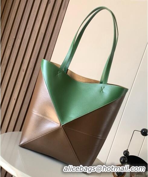 Famous Brand Loewe Medium Puzzle Fold Tote in patchwork calfskin L9082 Hunter Green/Khaki 2023