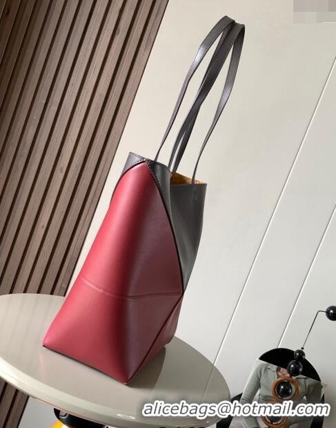 Luxurious Fashion Loewe Medium Puzzle Fold Tote in patchwork calfskin L9082 Red/Dark Grey 2023