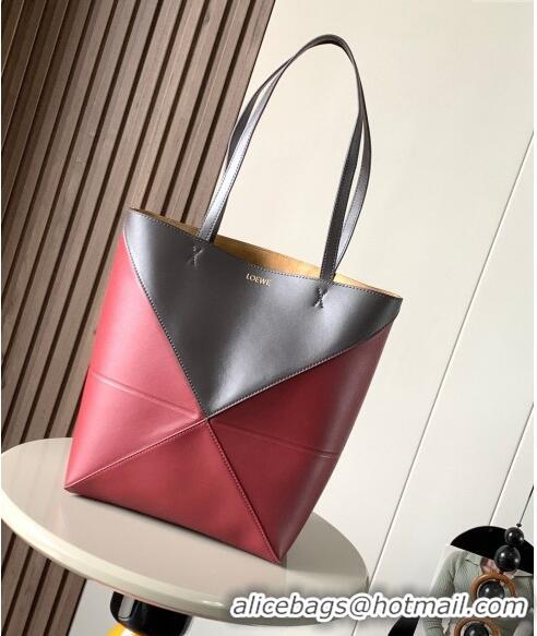 Luxurious Fashion Loewe Medium Puzzle Fold Tote in patchwork calfskin L9082 Red/Dark Grey 2023