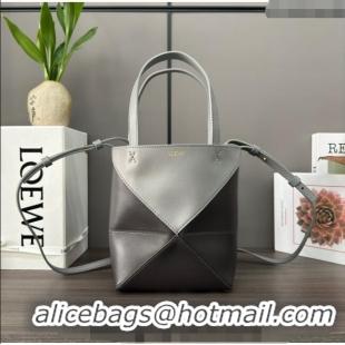 Top Design Loewe Mini Puzzle Fold Tote in shiny calfskin L9086 Pearl Grey/Dark Grey 2023