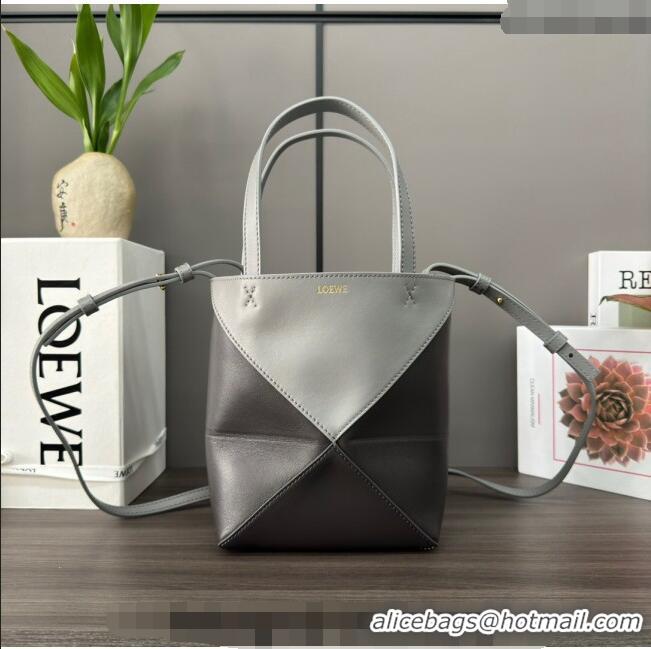 Top Design Loewe Mini Puzzle Fold Tote in shiny calfskin L9086 Pearl Grey/Dark Grey 2023