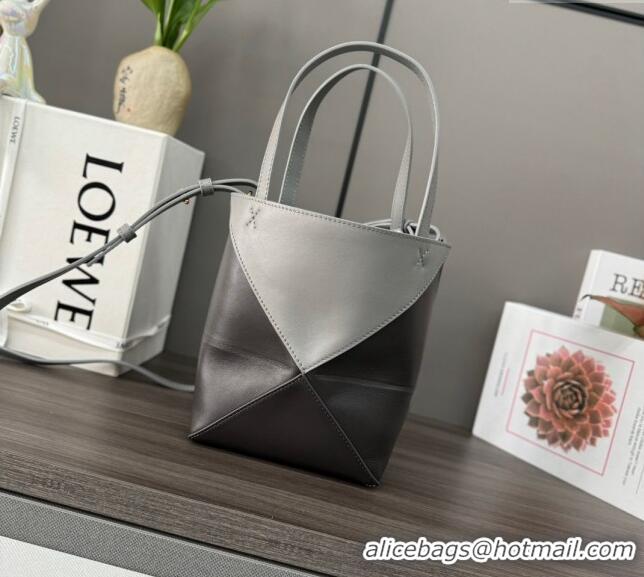 Top Design Loewe Mini Puzzle Fold Tote in shiny calfskin L9086 Pearl Grey/Dark Grey 2023