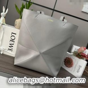 Most Popular Loewe Large Puzzle Fold Tote in shiny calfskin L9087 Pearl Grey 2023