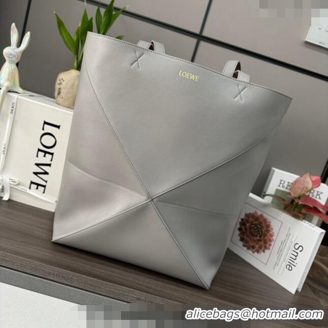 Most Popular Loewe Large Puzzle Fold Tote in shiny calfskin L9087 Pearl Grey 2023