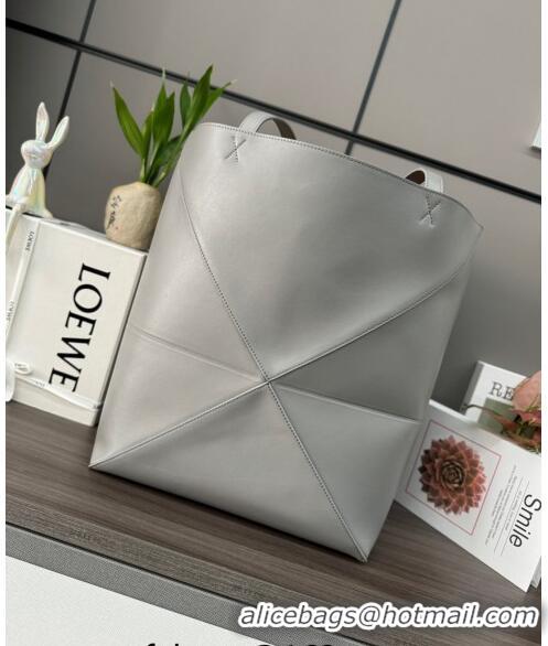 Most Popular Loewe Large Puzzle Fold Tote in shiny calfskin L9087 Pearl Grey 2023