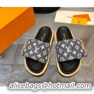 Stylish Louis Vuitton Pool Pillow Flat Comfort Slide Sandals in Monogram Jacquard Black 0320048