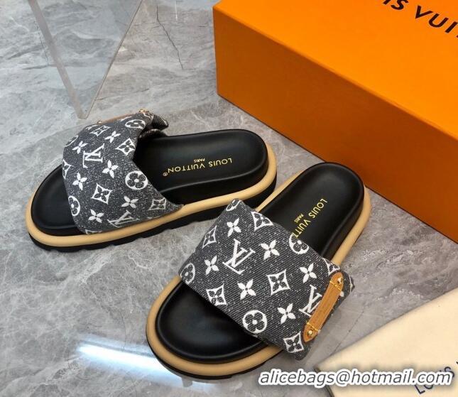 Stylish Louis Vuitton Pool Pillow Flat Comfort Slide Sandals in Monogram Jacquard Black 0320048