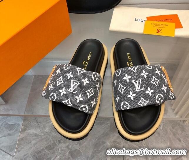 Stylish Louis Vuitton Pool Pillow Flat Comfort Slide Sandals in Monogram Jacquard Black 0320048