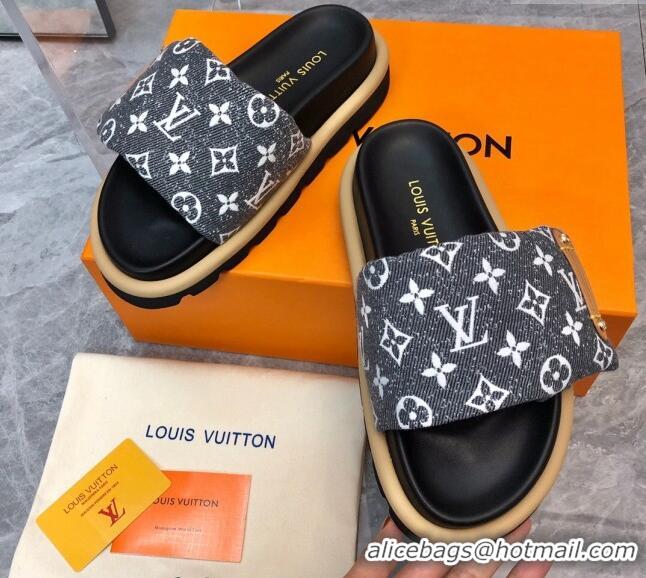 Stylish Louis Vuitton Pool Pillow Flat Comfort Slide Sandals in Monogram Jacquard Black 0320048